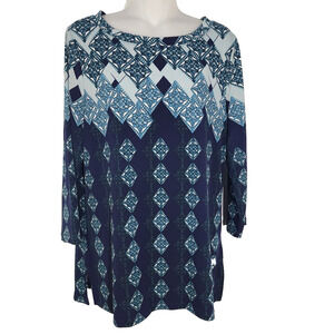Chico's Easywear Tunic Top Size 1 Medium Blue Green 3/4 Sleeve Geometric Diamond